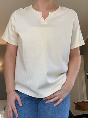 Y2K Chic Cream Embellished V-Neck Short Sleeve Top